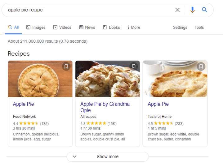 apple pie recipe Google search results with schema