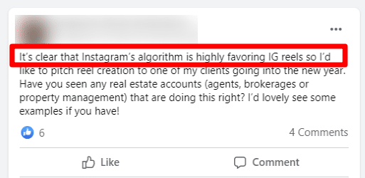 Facebook comment on using reels for instagram marketing