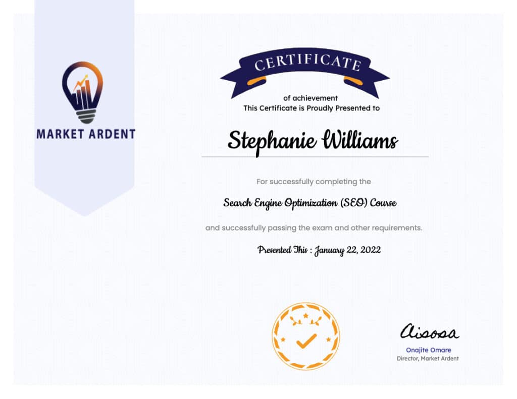 a certificate from Market Ardent