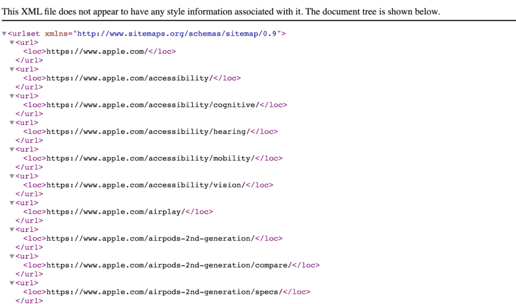 a screenshot of Apple's sitemap.xml