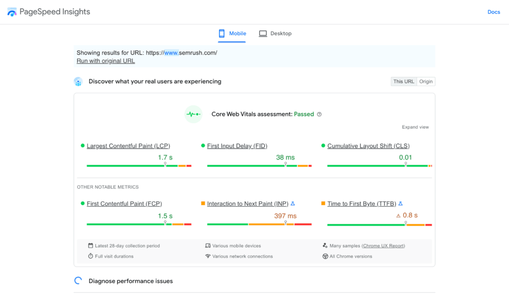 a screenshot of pagespeed insights results