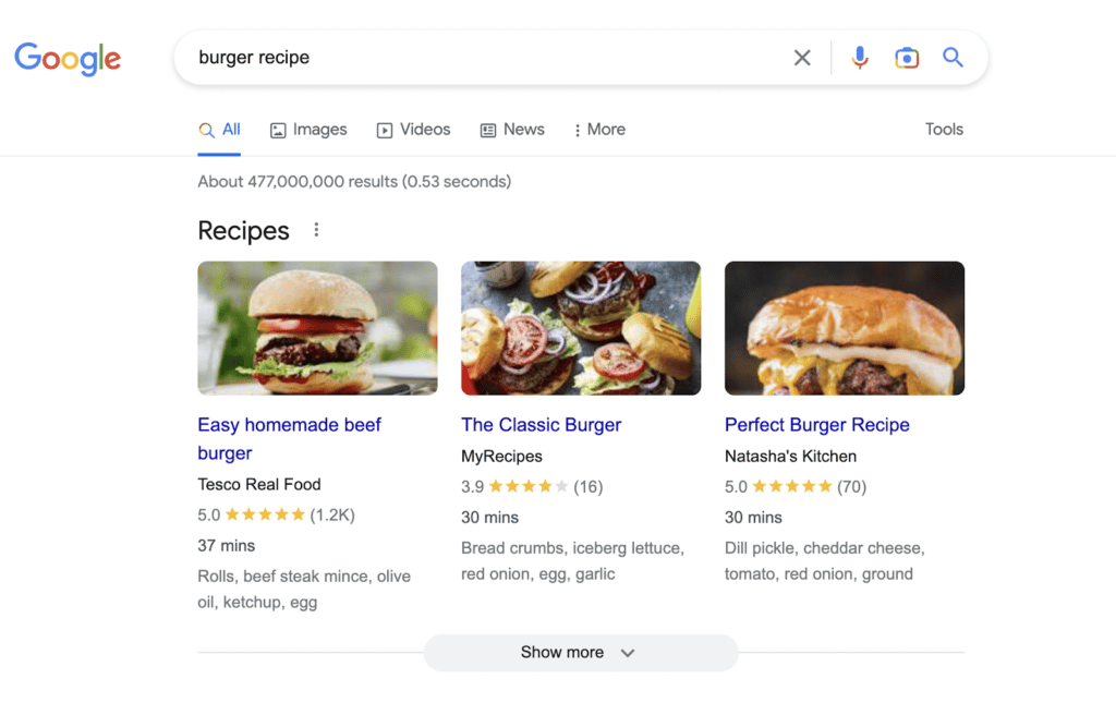 a screenshot of Google search results of a burger recipe