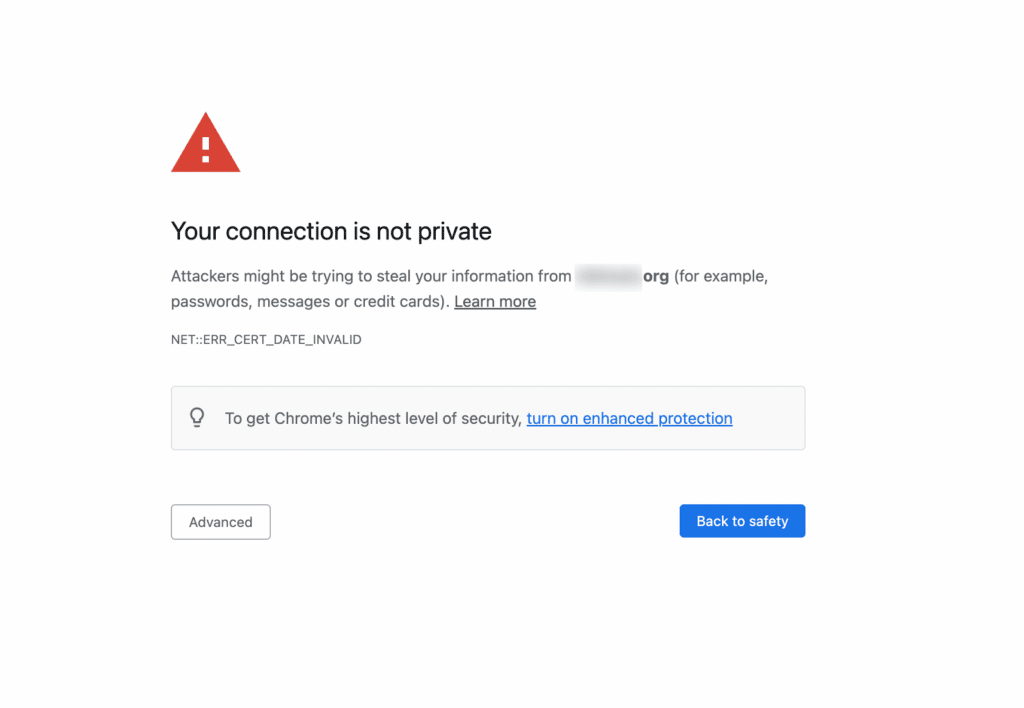 a screenshot of a Chrome warning for a site without SSL
